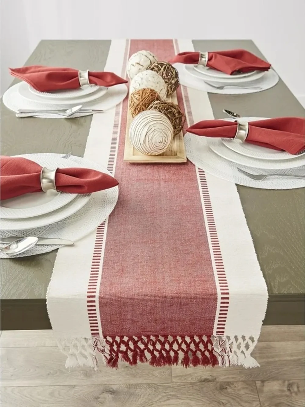 Woven Red and Cream Table Runner with Fringe